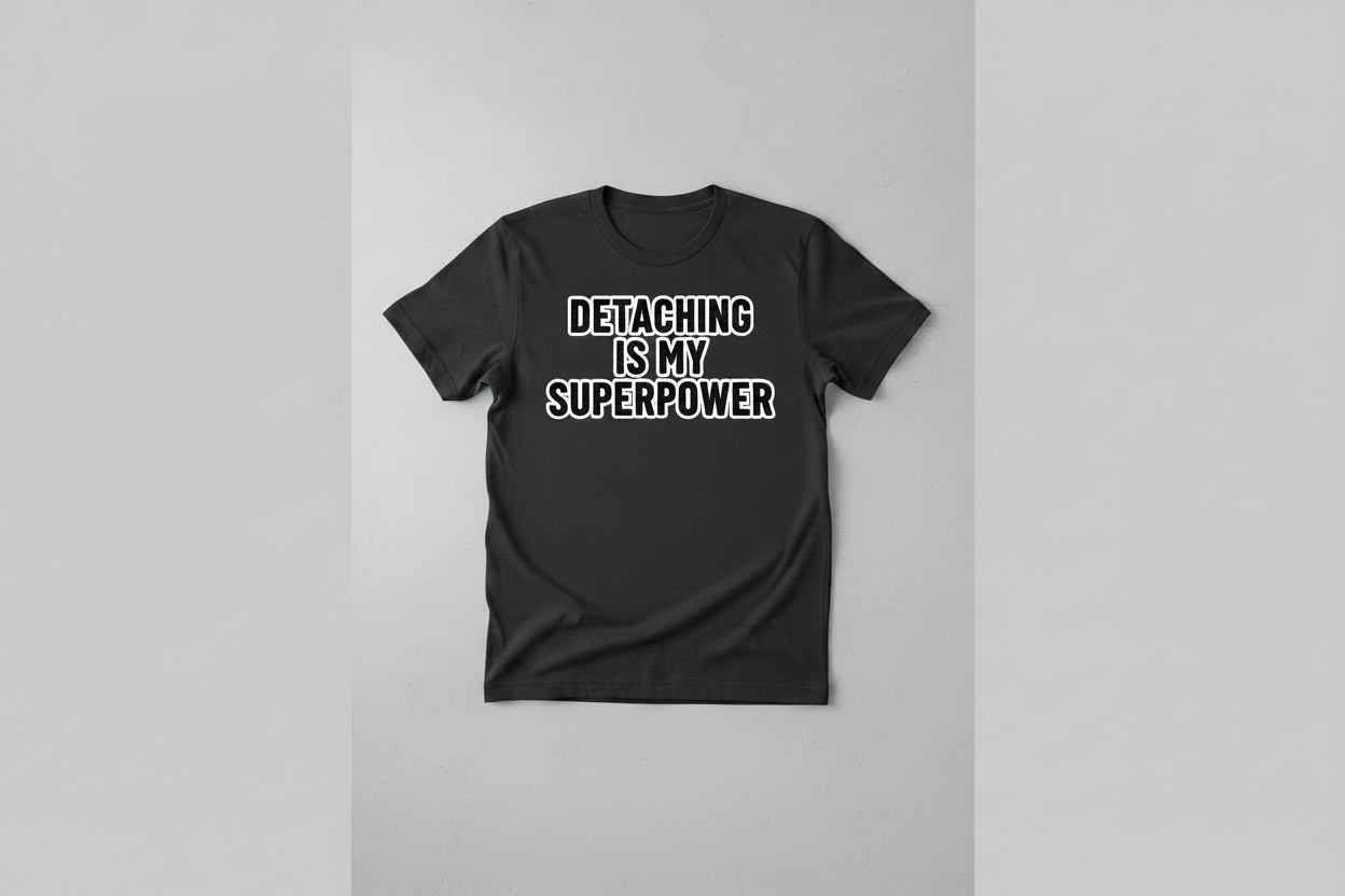 Black t-shirt with 'Detaching is my superpower' text on a gray background